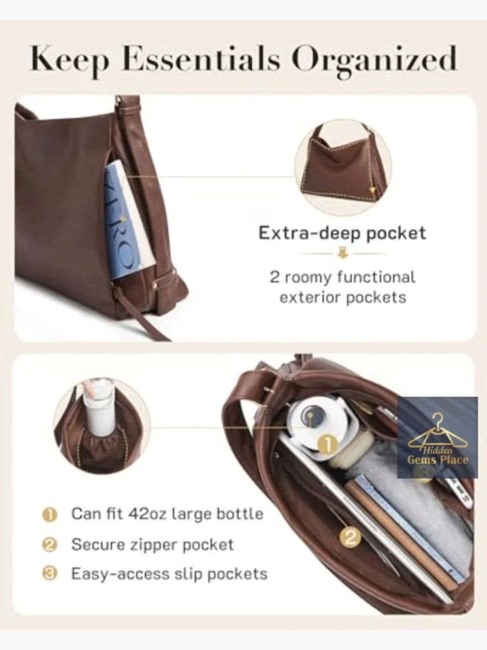 Vegan Leather Hobo Bag with Multi-Pockets Large Shoulder Tote Crossbody